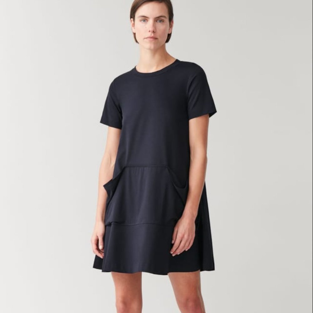 COS dark navy blue tied-pocket cotton swing dress